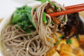 Soba Noodles with Spicy Tofu and Shiitake Mushrooms in Tahini Broth