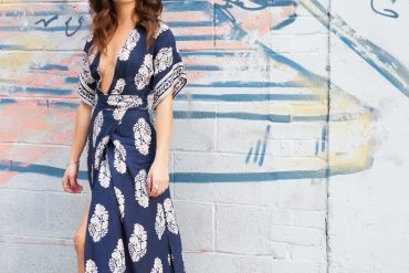 Printed Plunge Navy Kimono Wrap Dress